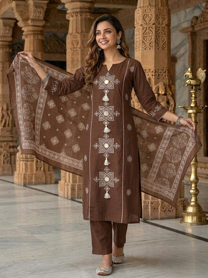 Coffee Brown Ethnic Mirror Embroidered A-Line Kurta with Palazzo & Dupatta