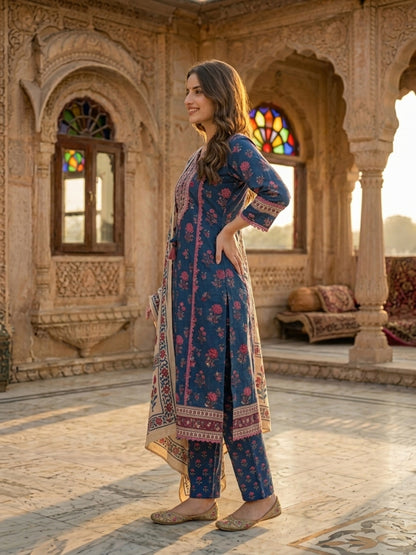 Blue Ethnic Floral Printed Embroidered Straight Kurta with Palazzo & Dupatta