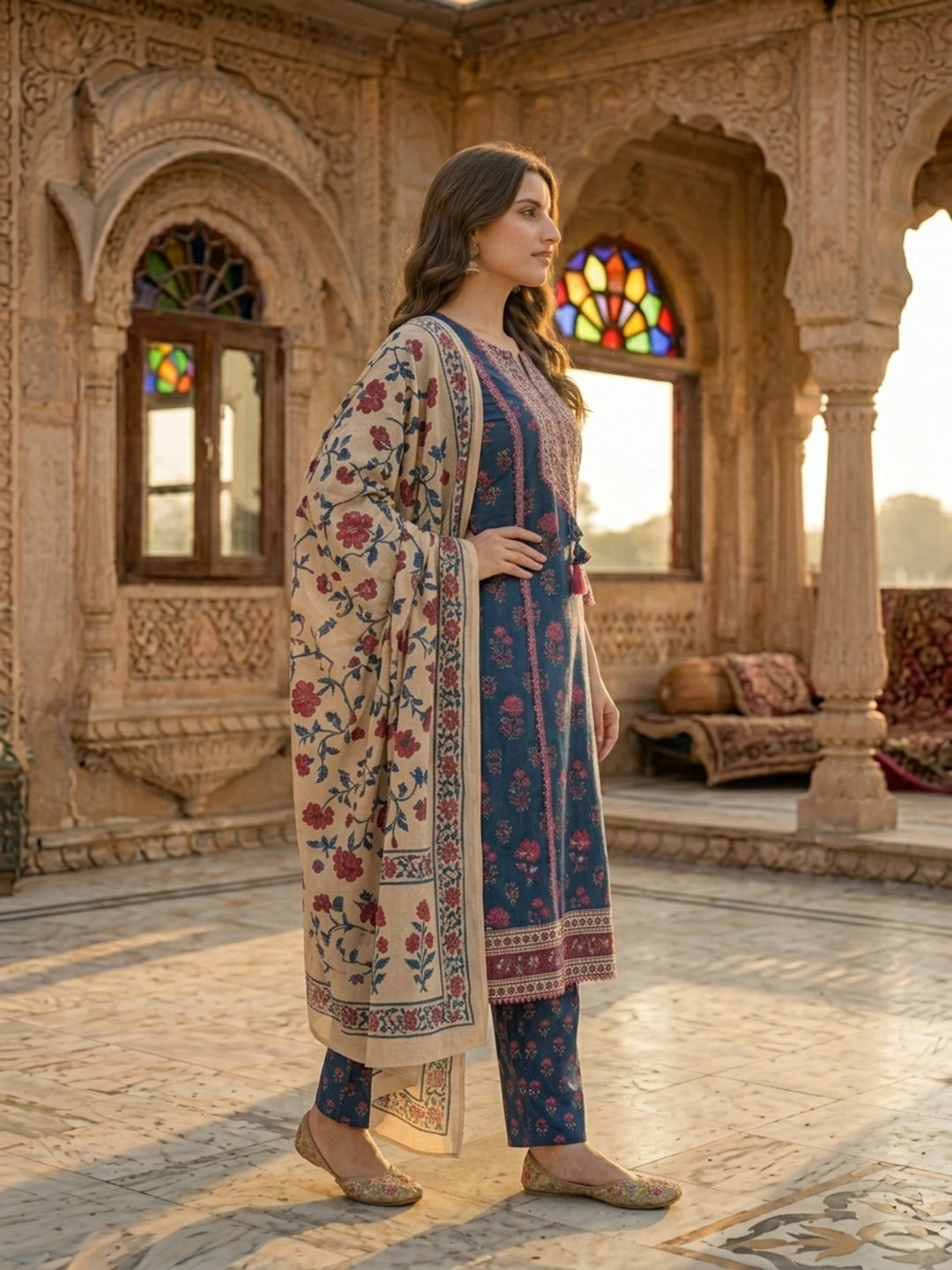 Blue Ethnic Floral Printed Embroidered Straight Kurta with Palazzo & Dupatta