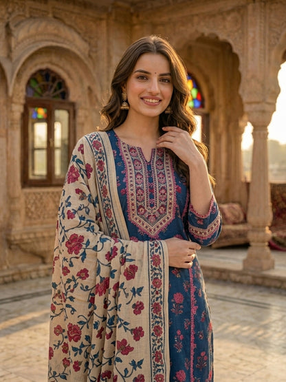 Blue Ethnic Floral Printed Embroidered Straight Kurta with Palazzo & Dupatta