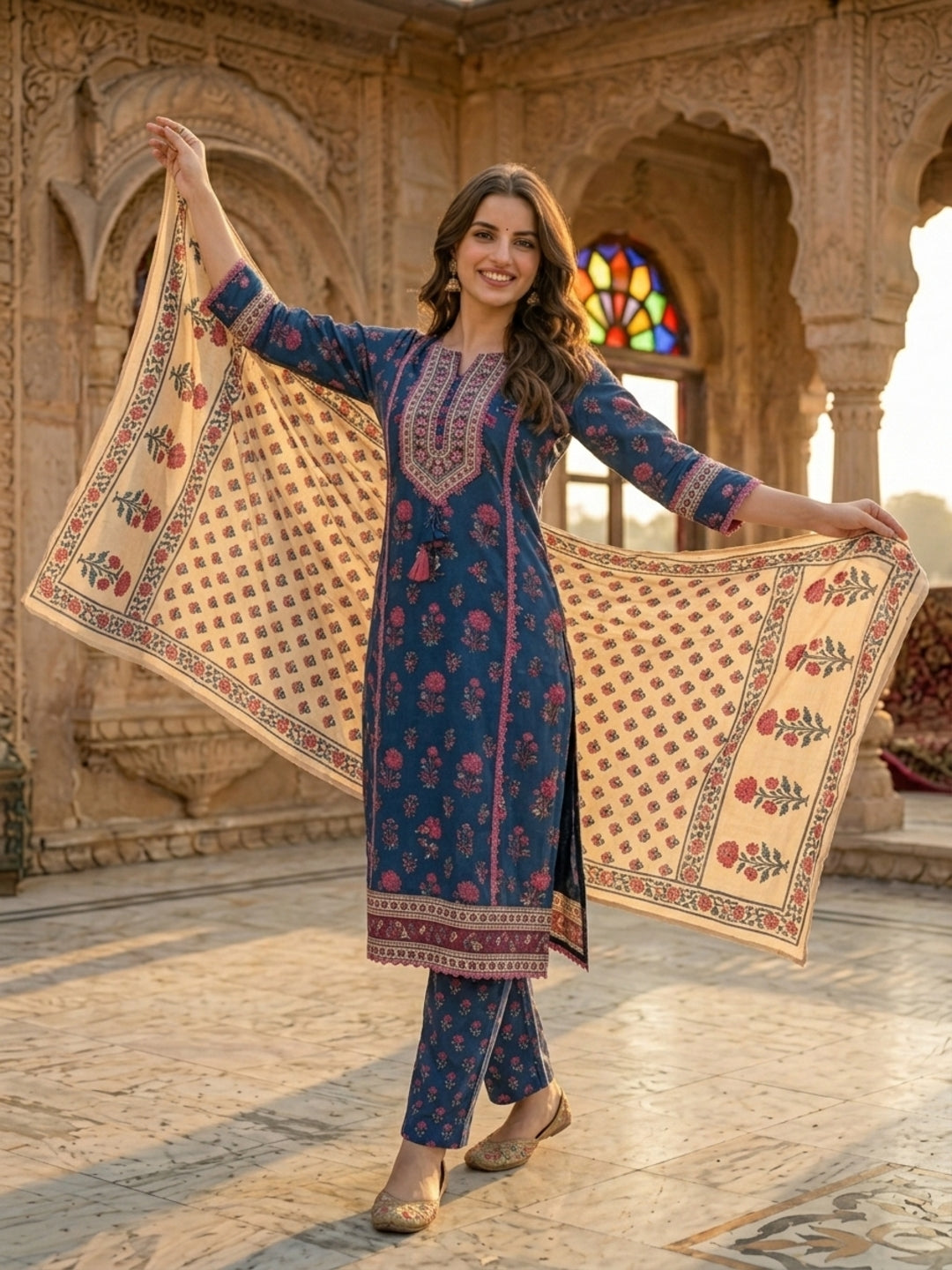 Blue Ethnic Floral Printed Embroidered Straight Kurta with Palazzo & Dupatta