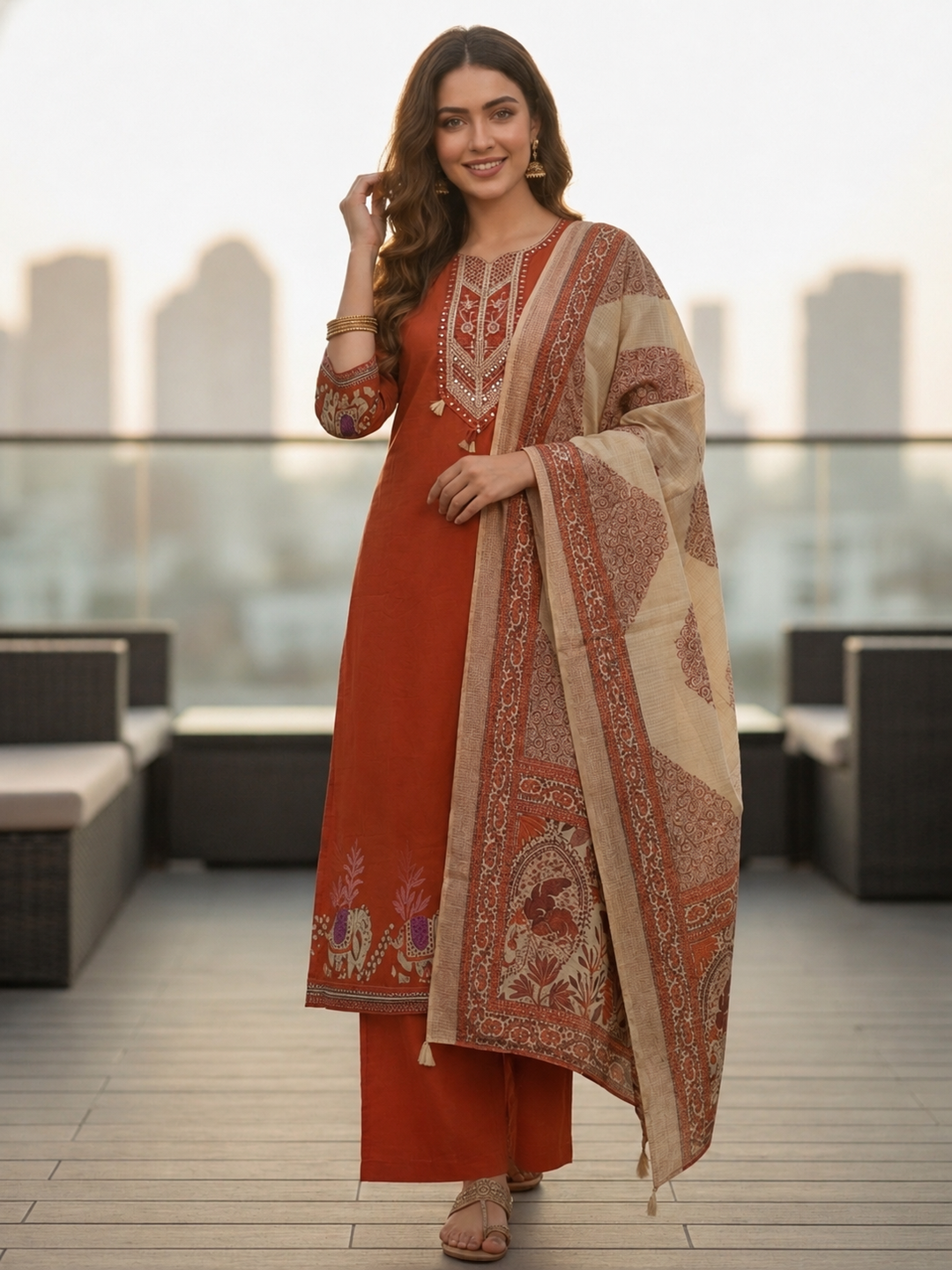 Rust Solid Mirror Embroidered A-Line Kurta with Palazzo & Dupatta