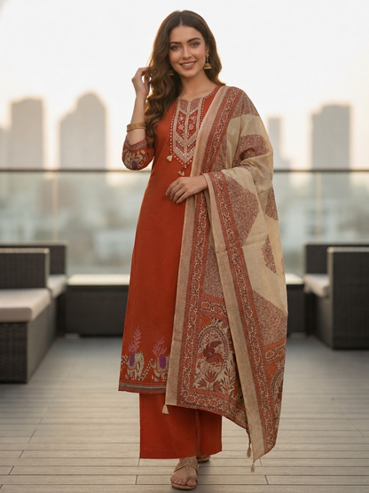 Rust Solid Mirror Embroidered A-Line Kurta with Palazzo & Dupatta