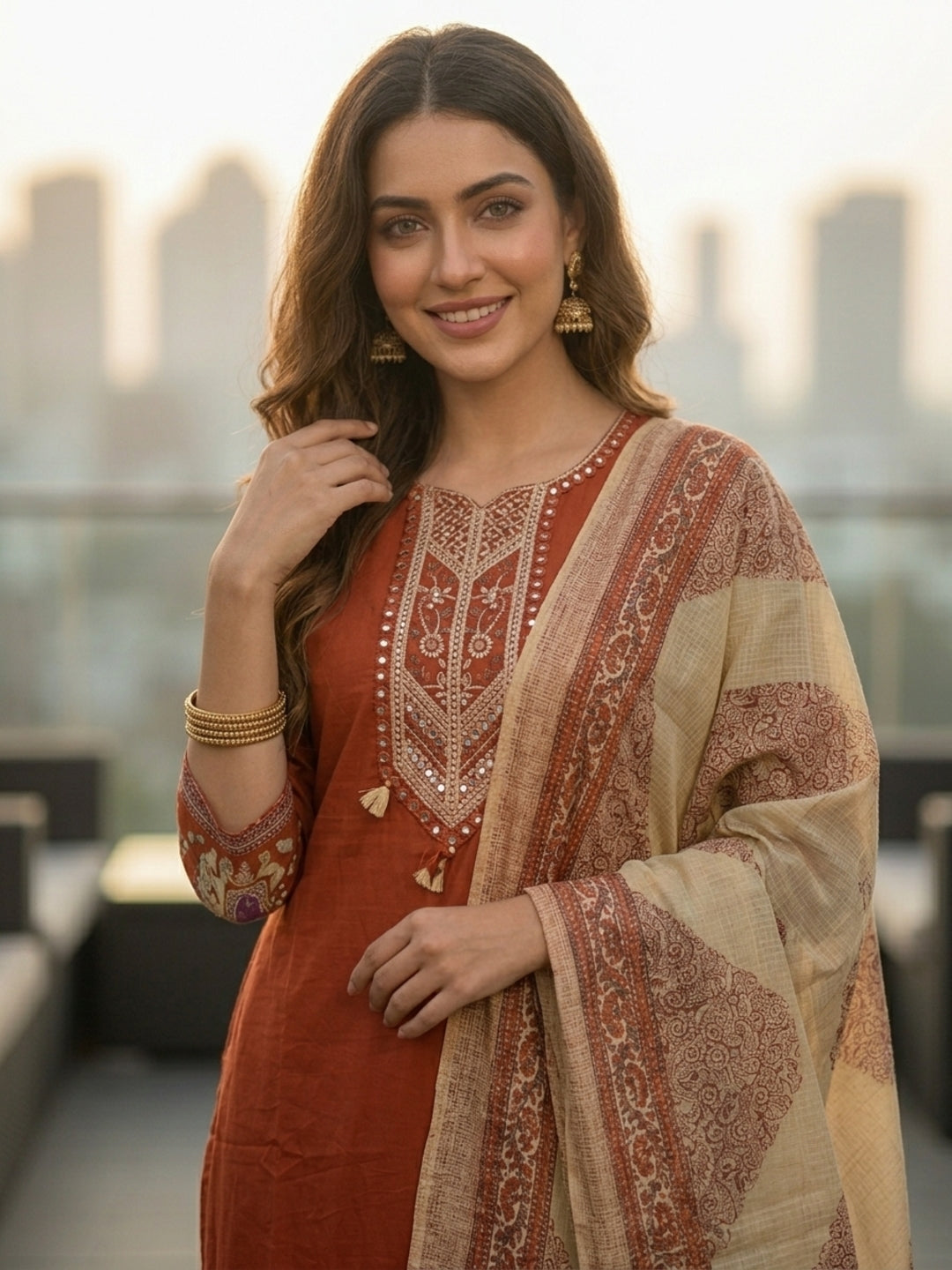 Rust Solid Mirror Embroidered A-Line Kurta with Palazzo & Dupatta