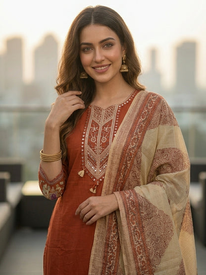 Rust Solid Mirror Embroidered A-Line Kurta with Palazzo & Dupatta