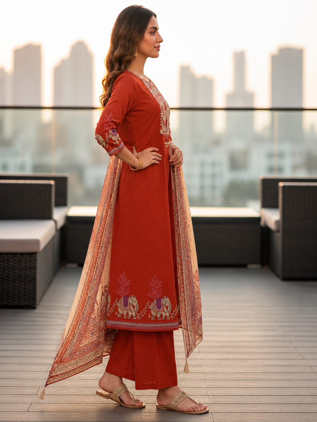 Rust Solid Mirror Embroidered A-Line Kurta with Palazzo & Dupatta