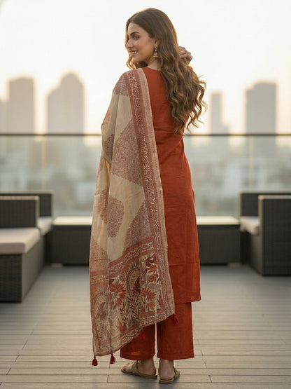 Rust Solid Mirror Embroidered A-Line Kurta with Palazzo & Dupatta