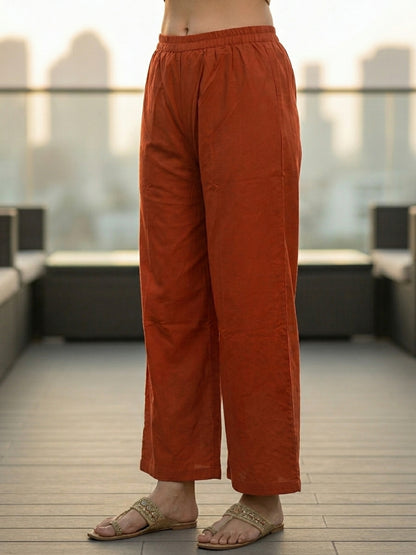 Rust Solid Mirror Embroidered A-Line Kurta with Palazzo & Dupatta