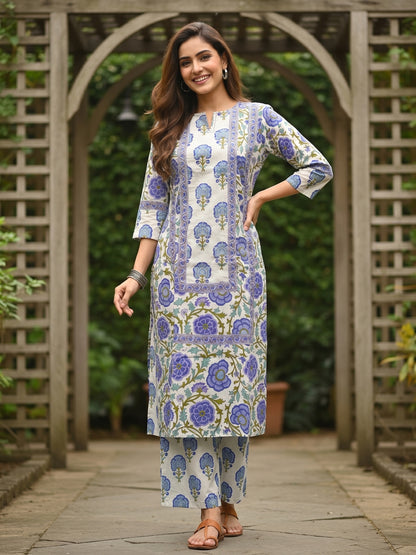 Purple Ethnic Floral Printed Straight Kurta with Palazzo