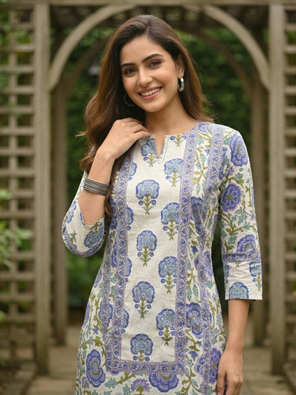 Purple Ethnic Floral Printed Straight Kurta with Palazzo