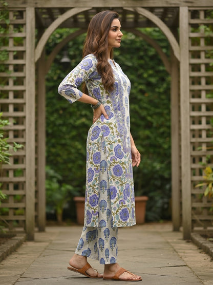 Purple Ethnic Floral Printed Straight Kurta with Palazzo