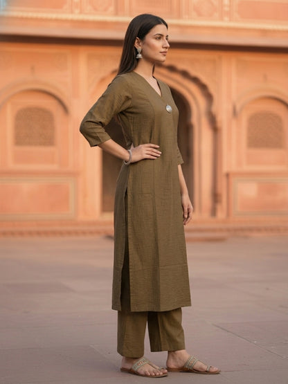 Brown Solid Textured A-Line Silk Blend Co-ord Set with Palazzo