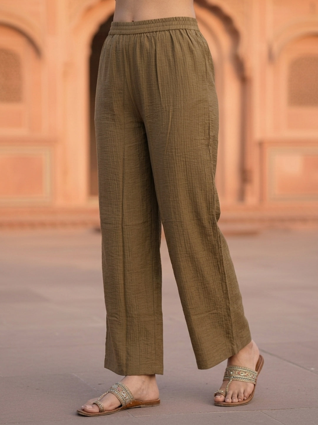 Brown Solid Textured A-Line Silk Blend Co-ord Set with Palazzo