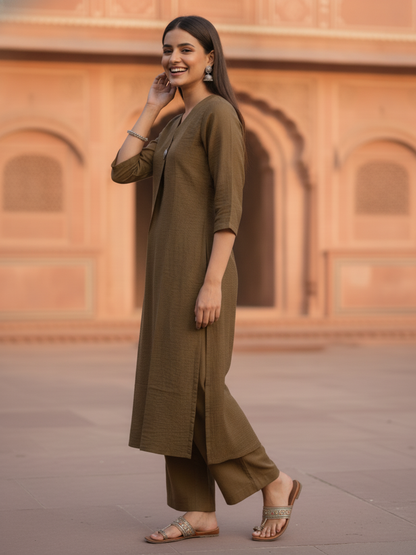 Brown Solid Textured A-Line Silk Blend Co-ord Set with Palazzo
