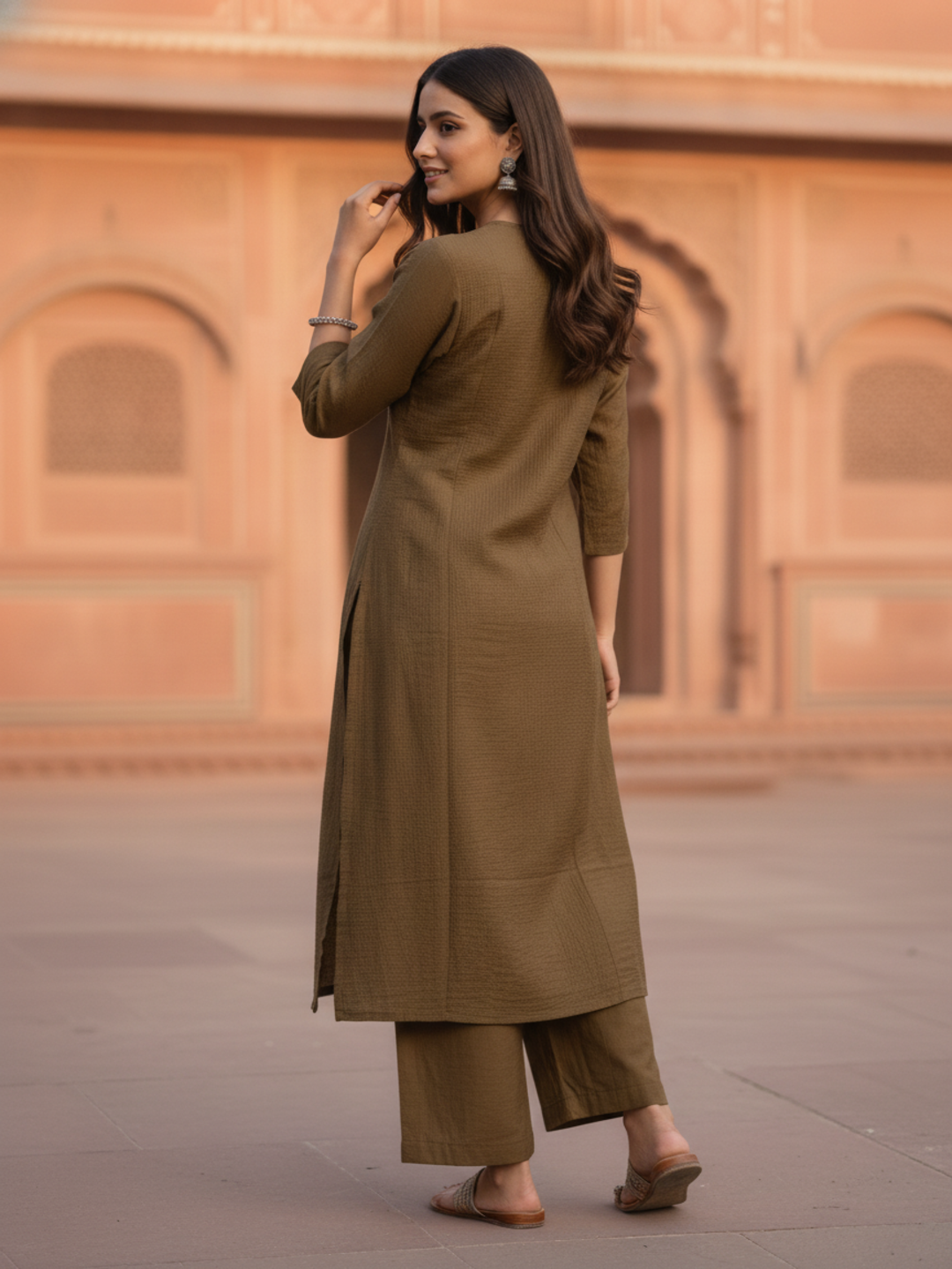 Brown Solid Textured A-Line Silk Blend Co-ord Set with Palazzo
