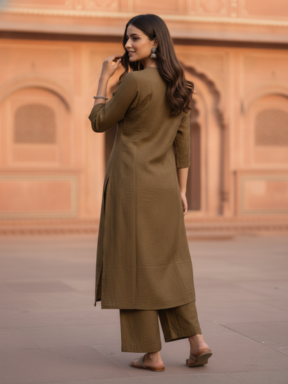 Brown Solid Textured A-Line Silk Blend Co-ord Set with Palazzo