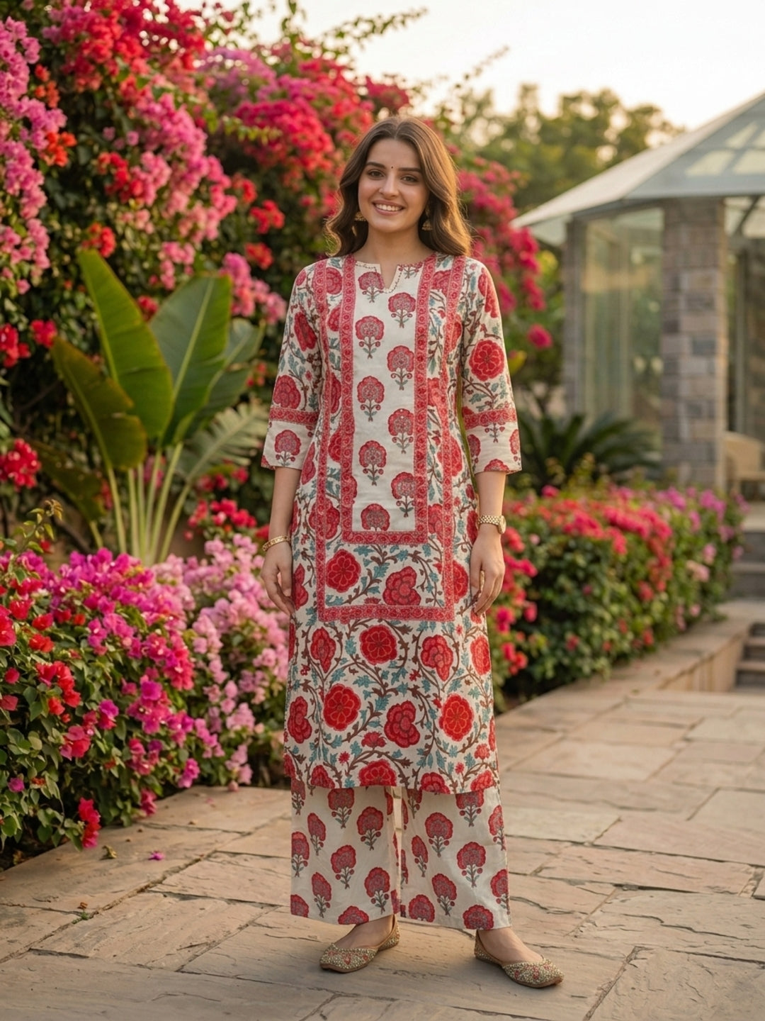 Red Ethnic Floral Printed Straight Kurta with Palazzo