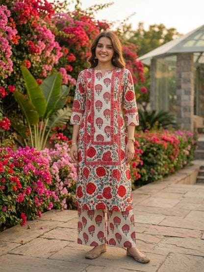 Red Ethnic Floral Printed Straight Kurta with Palazzo