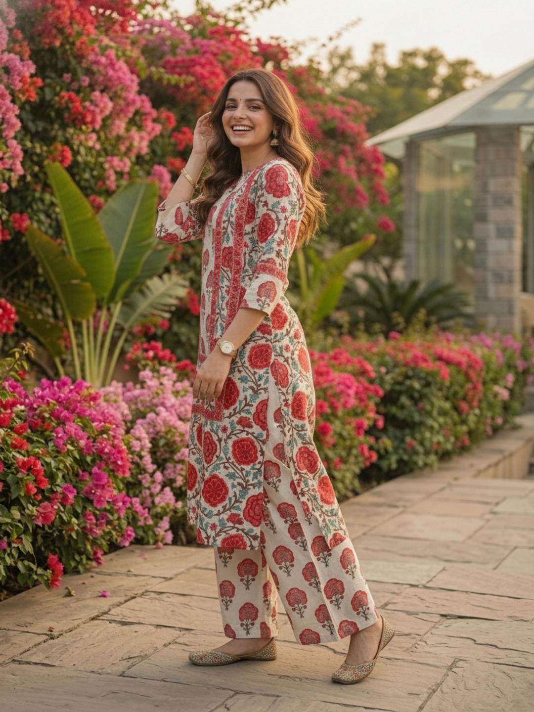 Red Ethnic Floral Printed Straight Kurta with Palazzo