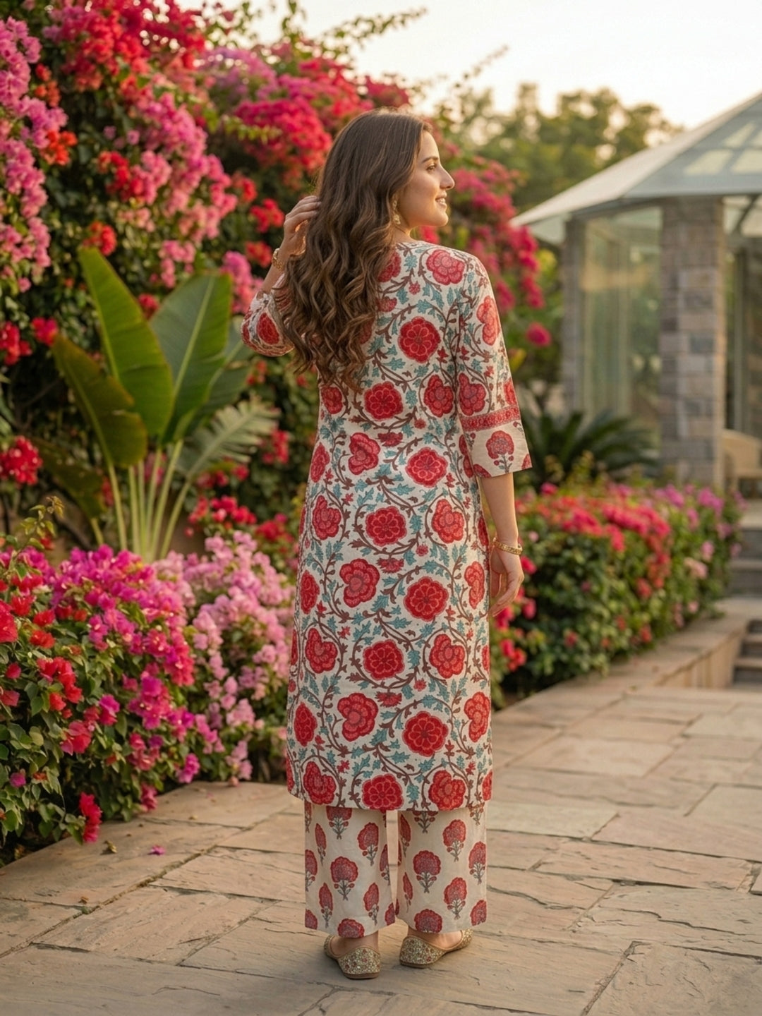 Red Ethnic Floral Printed Straight Kurta with Palazzo