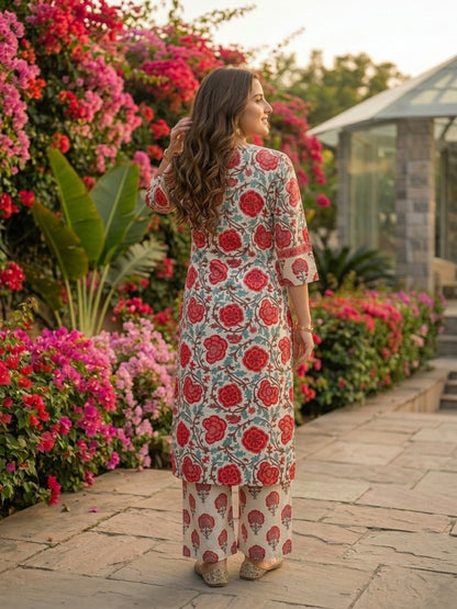 Red Ethnic Floral Printed Straight Kurta with Palazzo