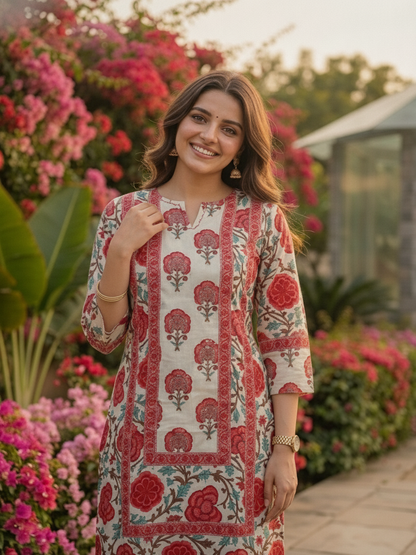 Red Ethnic Floral Printed Straight Kurta with Palazzo