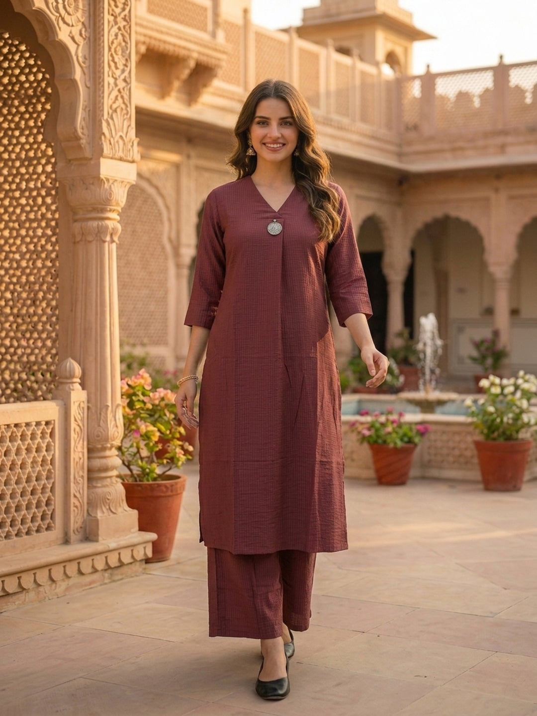 Mauve Solid Textured A-Line Silk Blend Co-ord Set with Palazzo