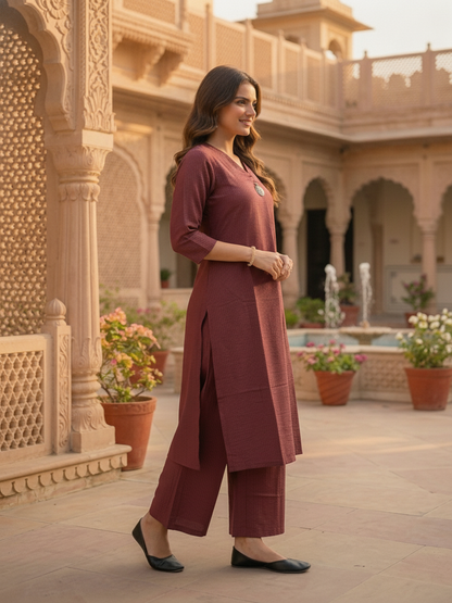 Mauve Solid Textured A-Line Silk Blend Co-ord Set with Palazzo