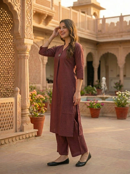 Mauve Solid Textured A-Line Silk Blend Co-ord Set with Palazzo