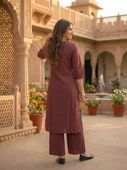 Mauve Solid Textured A-Line Silk Blend Co-ord Set with Palazzo
