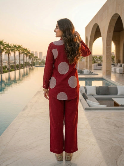 Polka Dot Printed Shirt & Wide-Leg Pants Co-ord Set - Maroon