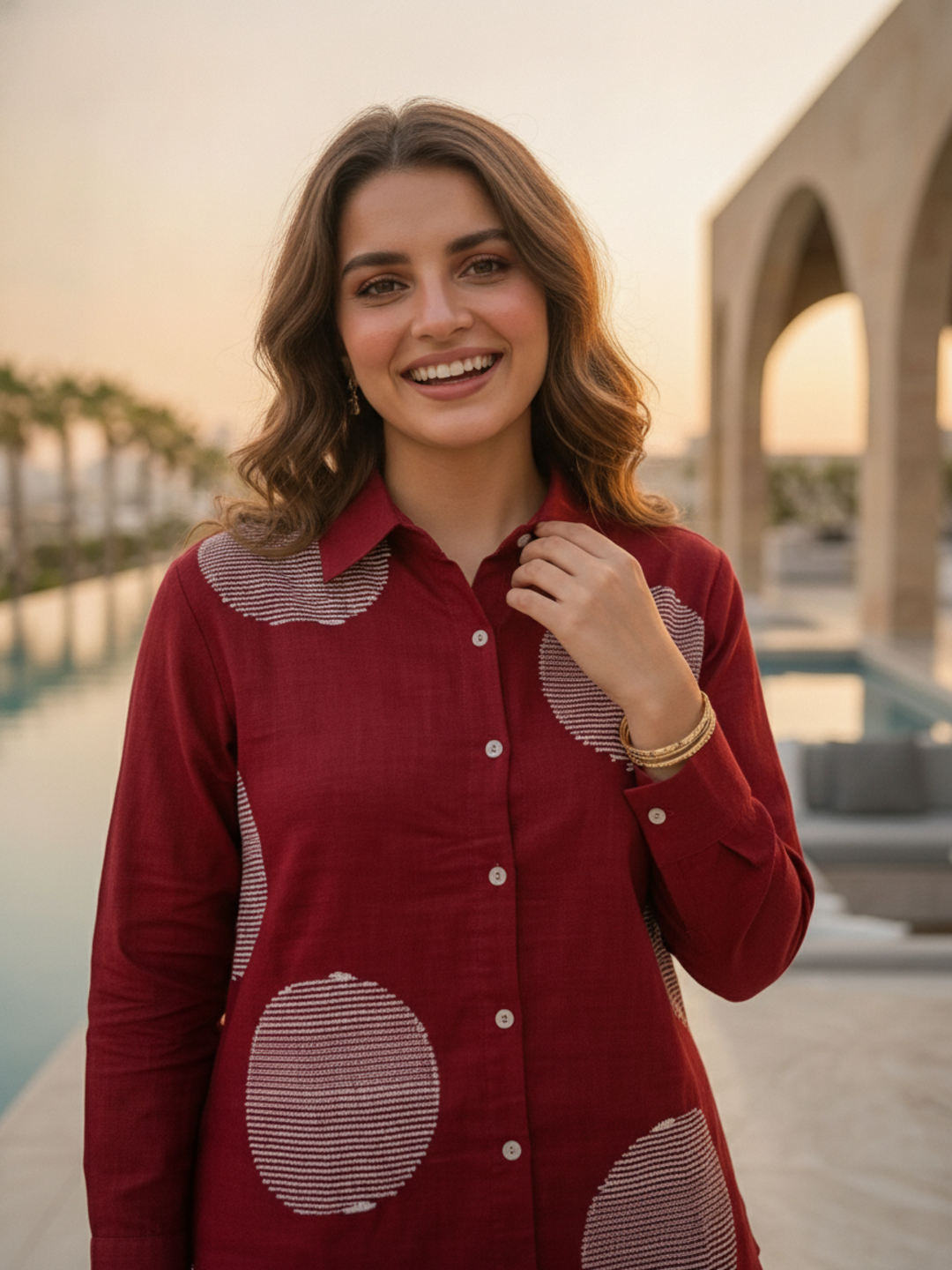 Polka Dot Printed Shirt & Wide-Leg Pants Co-ord Set - Maroon