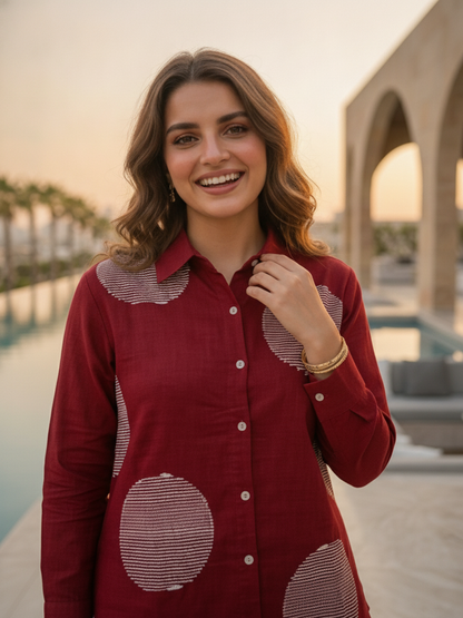 Polka Dot Printed Shirt & Wide-Leg Pants Co-ord Set - Maroon