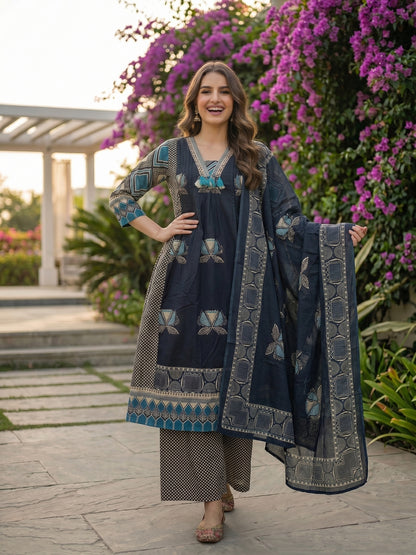 Floral & Geometric Printed A-Line Kurta with Palazzo and Dupatta - Navy Blue