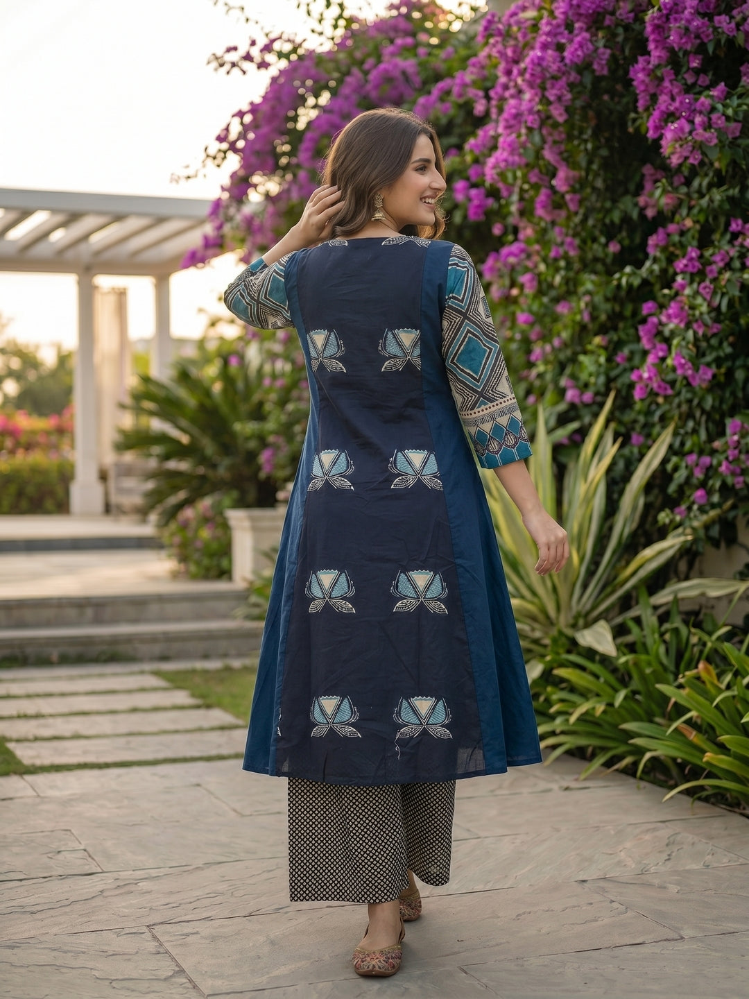 Floral & Geometric Printed A-Line Kurta with Palazzo and Dupatta - Navy Blue