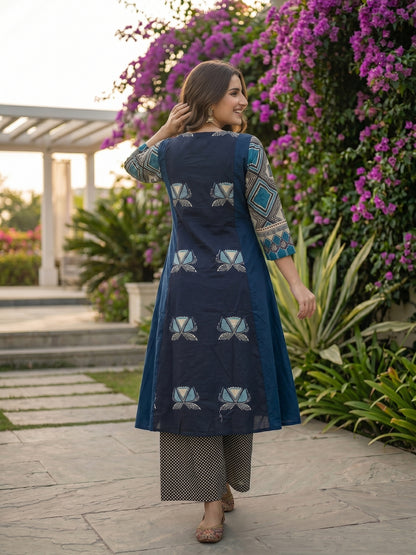 Floral & Geometric Printed A-Line Kurta with Palazzo and Dupatta - Navy Blue