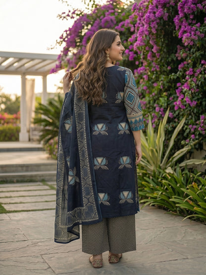 Floral & Geometric Printed A-Line Kurta with Palazzo and Dupatta - Navy Blue