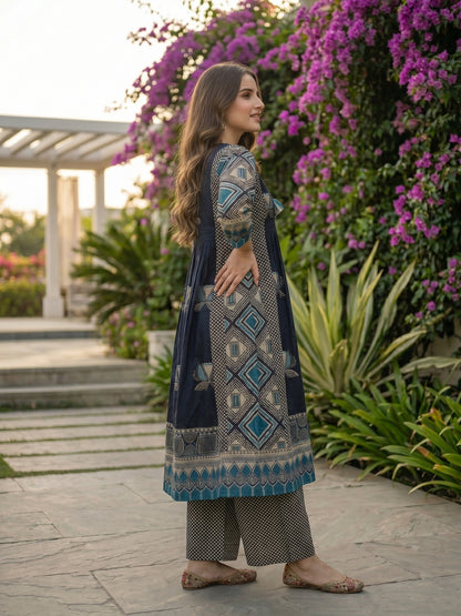 Floral & Geometric Printed A-Line Kurta with Palazzo and Dupatta - Navy Blue