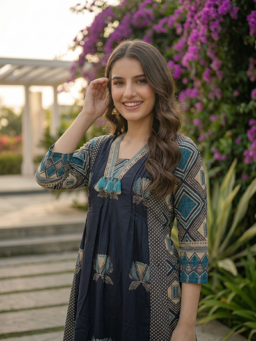 Floral & Geometric Printed A-Line Kurta with Palazzo and Dupatta - Navy Blue