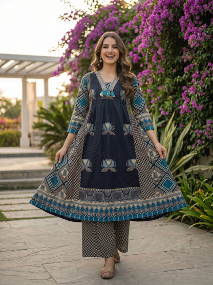 Floral & Geometric Printed A-Line Kurta with Palazzo and Dupatta - Navy Blue