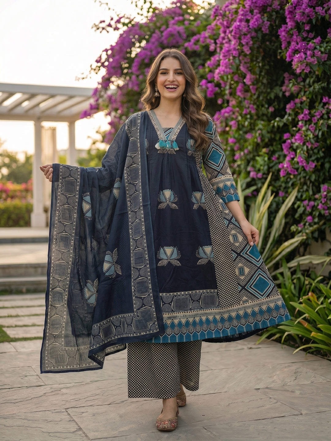 Floral & Geometric Printed A-Line Kurta with Palazzo and Dupatta - Navy Blue