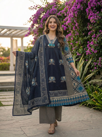 Floral & Geometric Printed A-Line Kurta with Palazzo and Dupatta - Navy Blue
