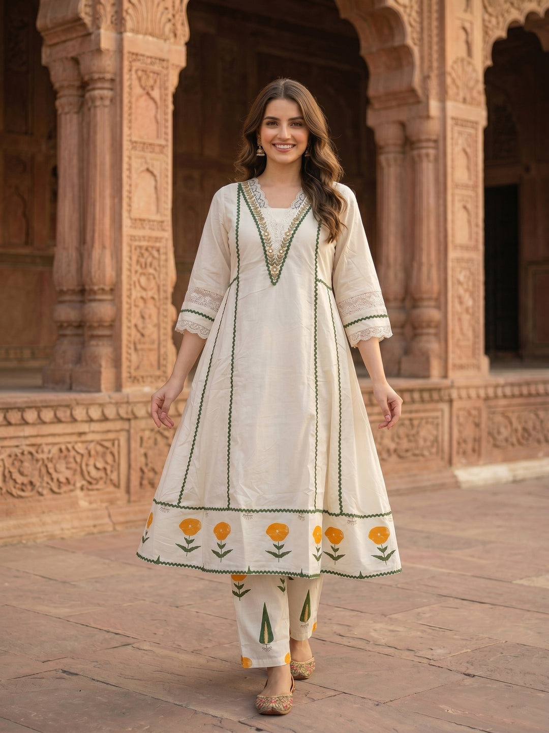 Off White Floral Printed Embroidered Anarkali with Flared Palazzo & Dupatta
