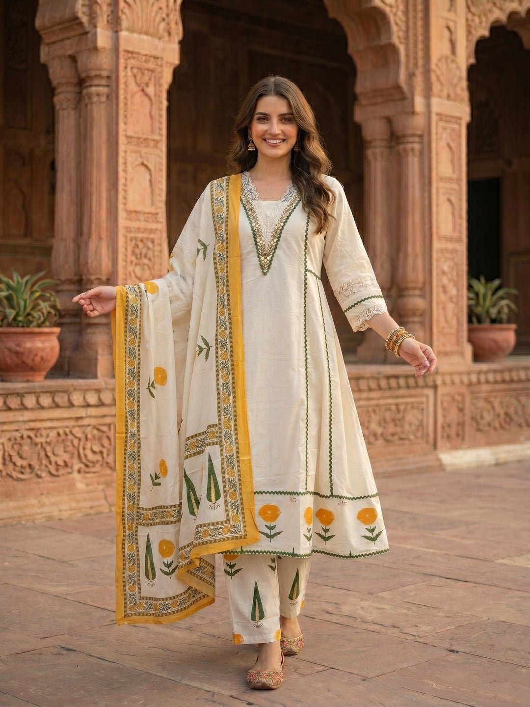 Off White Floral Printed Embroidered Anarkali with Flared Palazzo & Dupatta