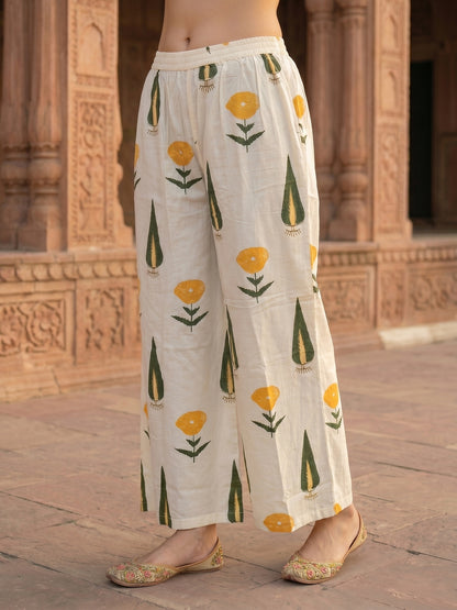 Off White Floral Printed Embroidered Anarkali with Flared Palazzo & Dupatta