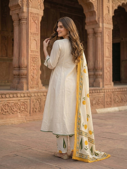 Off White Floral Printed Embroidered Anarkali with Flared Palazzo & Dupatta