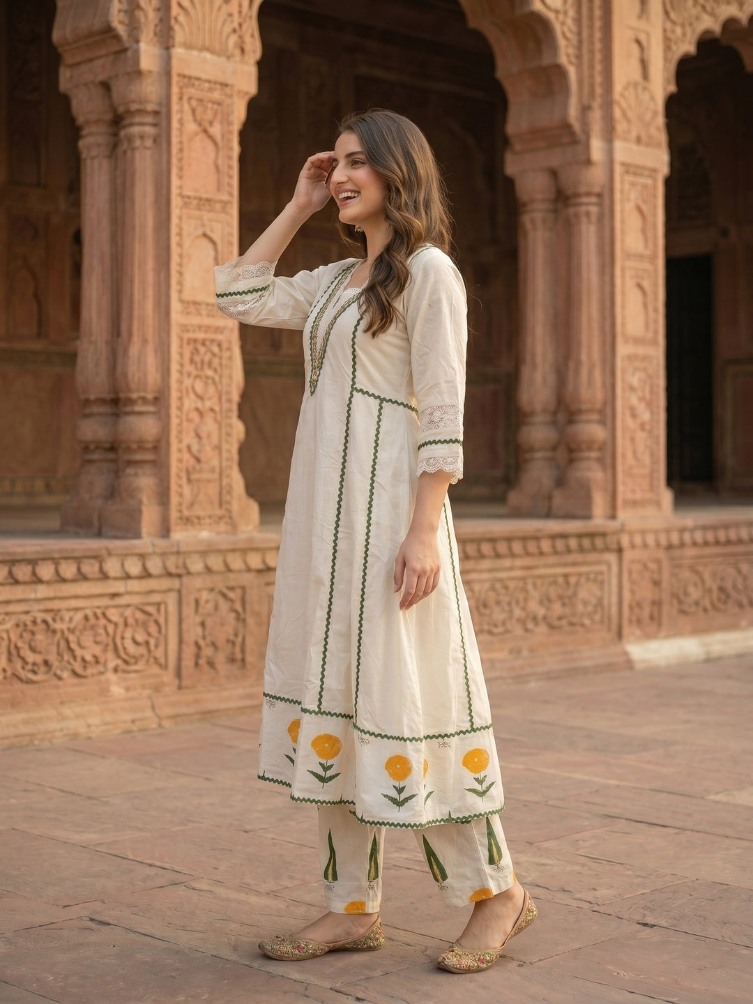 Off White Floral Printed Embroidered Anarkali with Flared Palazzo & Dupatta