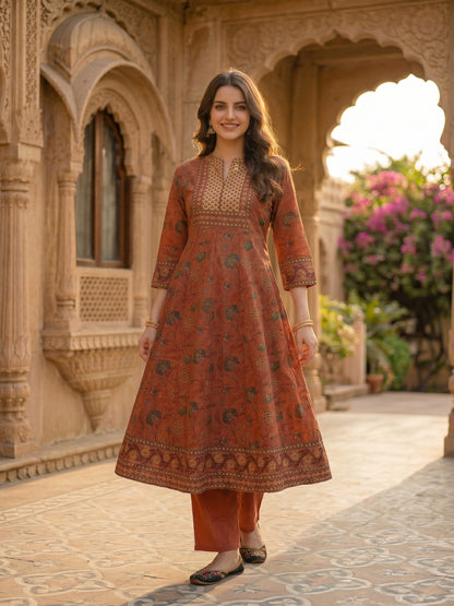 Rose Gold Floral Printed Embroidered Anarkali with Pant & Dupatta