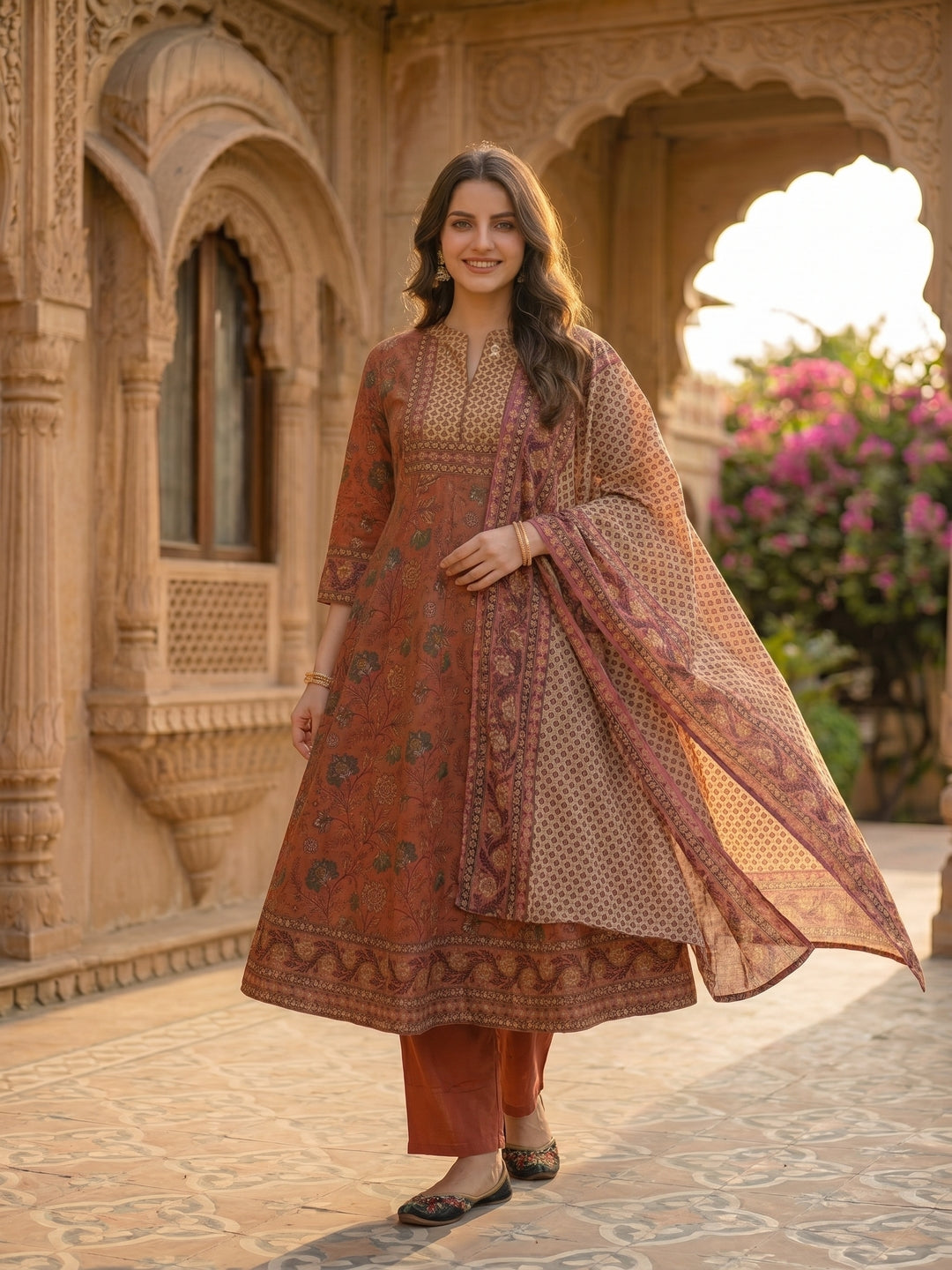 Rose Gold Floral Printed Embroidered Anarkali with Pant & Dupatta