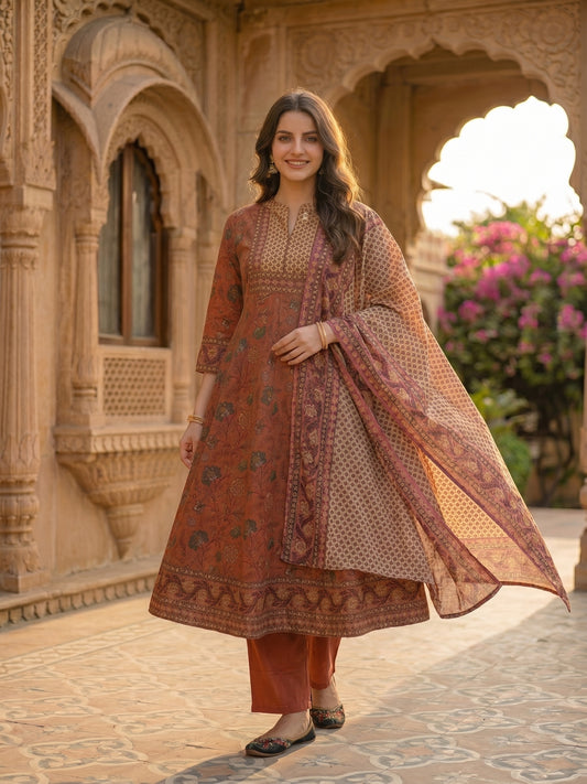 Rose Gold Floral Printed Embroidered Anarkali with Pant & Dupatta